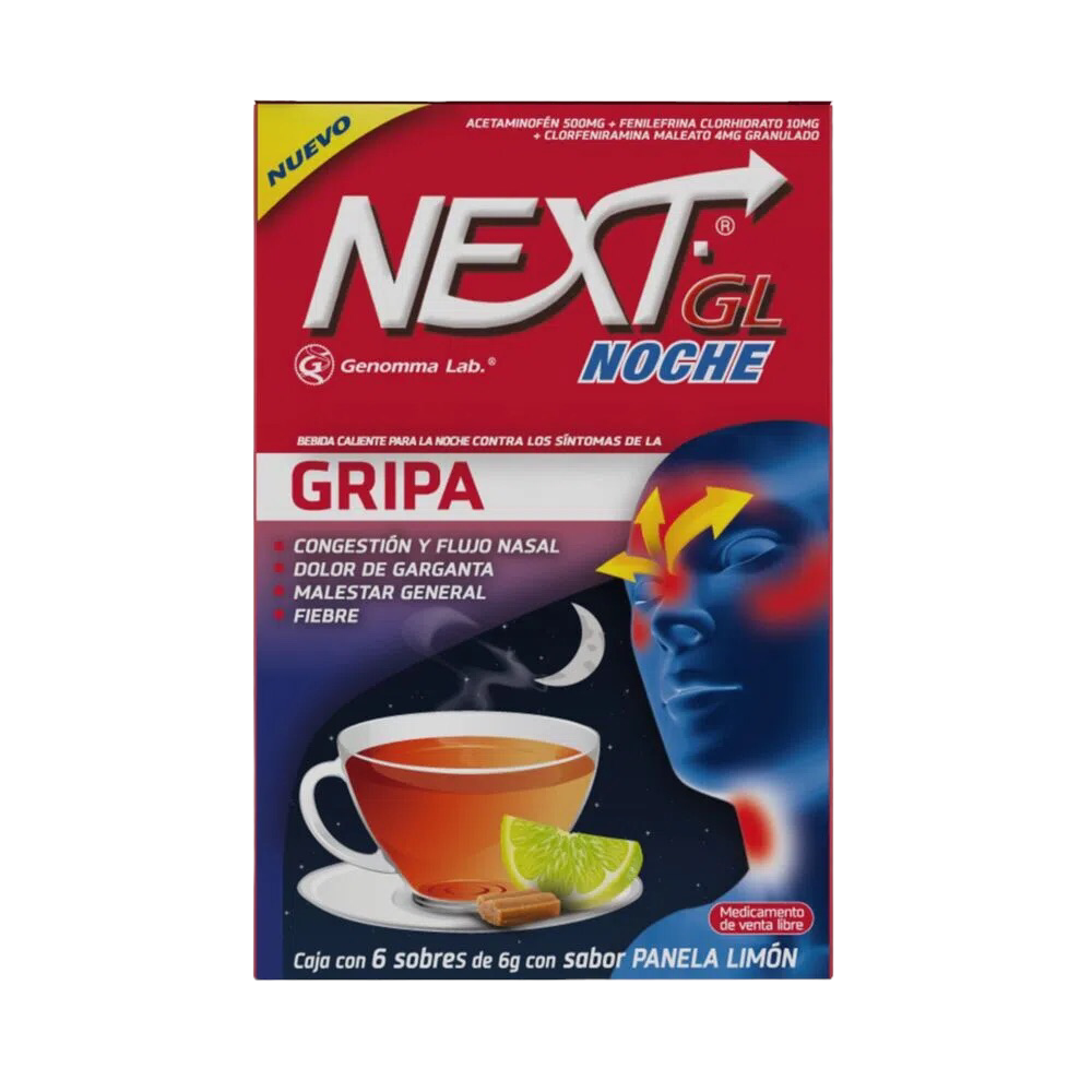 Next Gl Gripa Noche Panela/Limon (Acetaminofen/Fenilefrina/Clorfeniramina) Caja x 24 Sobres x 6 G C/U (Genomma)